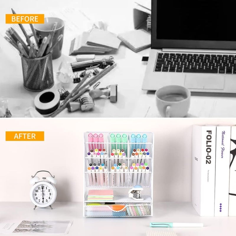 Spacrea Pen Holder Desk Organizer - Desk Organizers and Accessories, Pencil Holder with 10 Compartments and 1 Drawer（White） - Image 2
